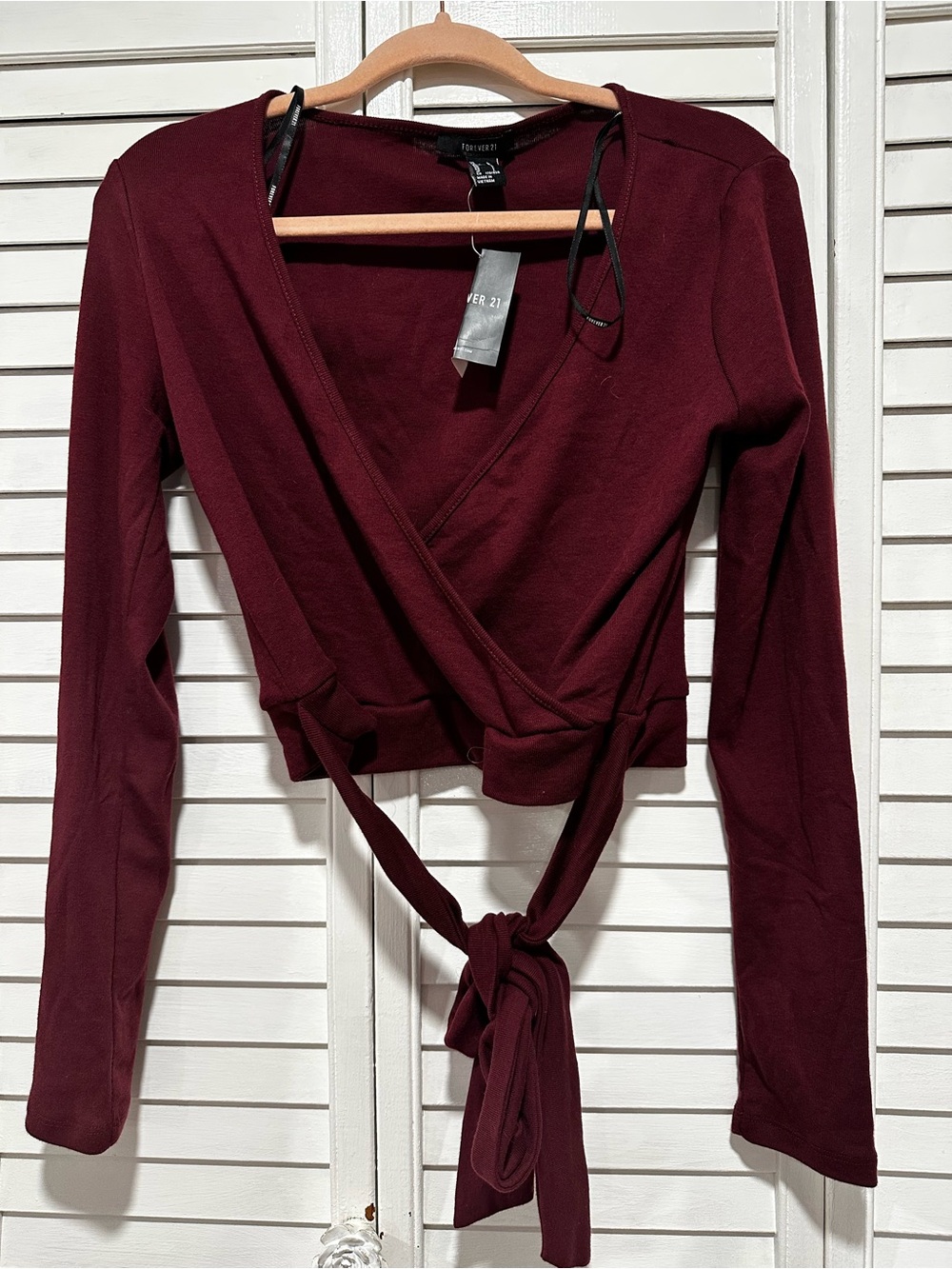 Forever 21 Women's Wine Wrap Tie Long-Sleeve Crop Top